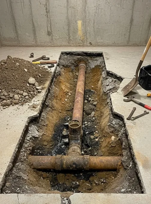 Old rusty drain pipe in a concrete trench before replacement