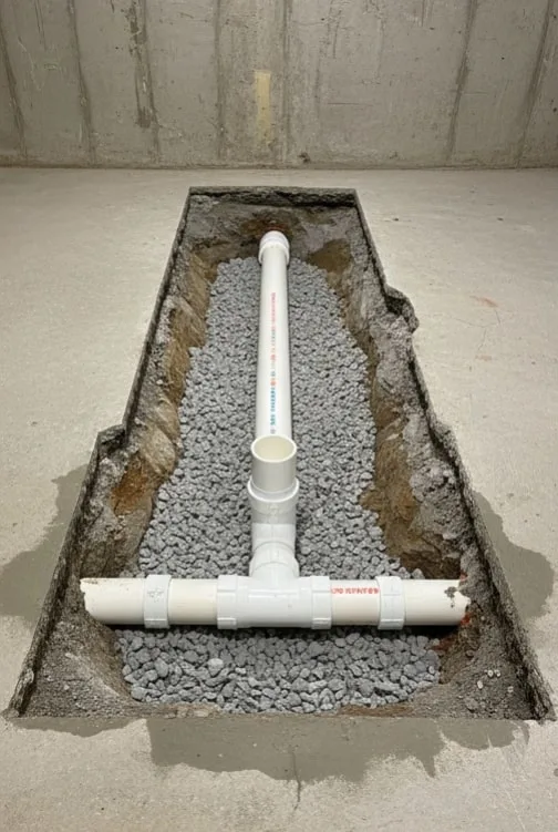 New PVC drain pipe installed in gravel-filled trench