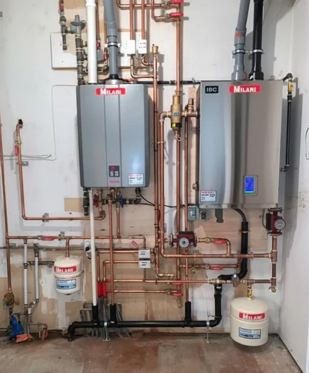 Modern water heating system with copper pipes and wall-mounted units